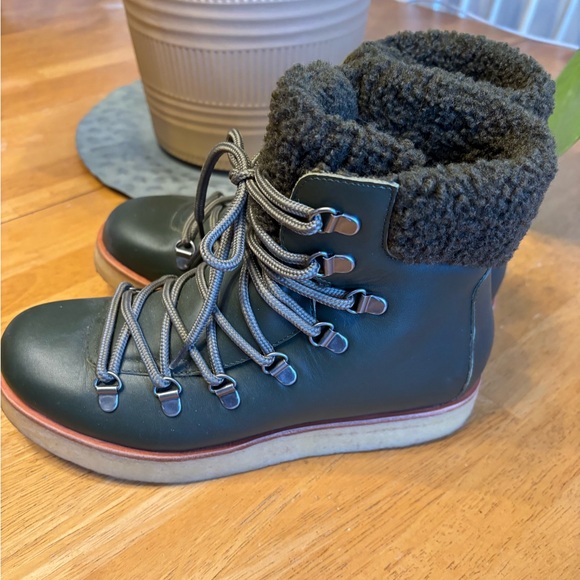 Anthropologie Stylish Green Leather Lace-Up Boots with Fur Lining Size 7 - Picture 5 of 8